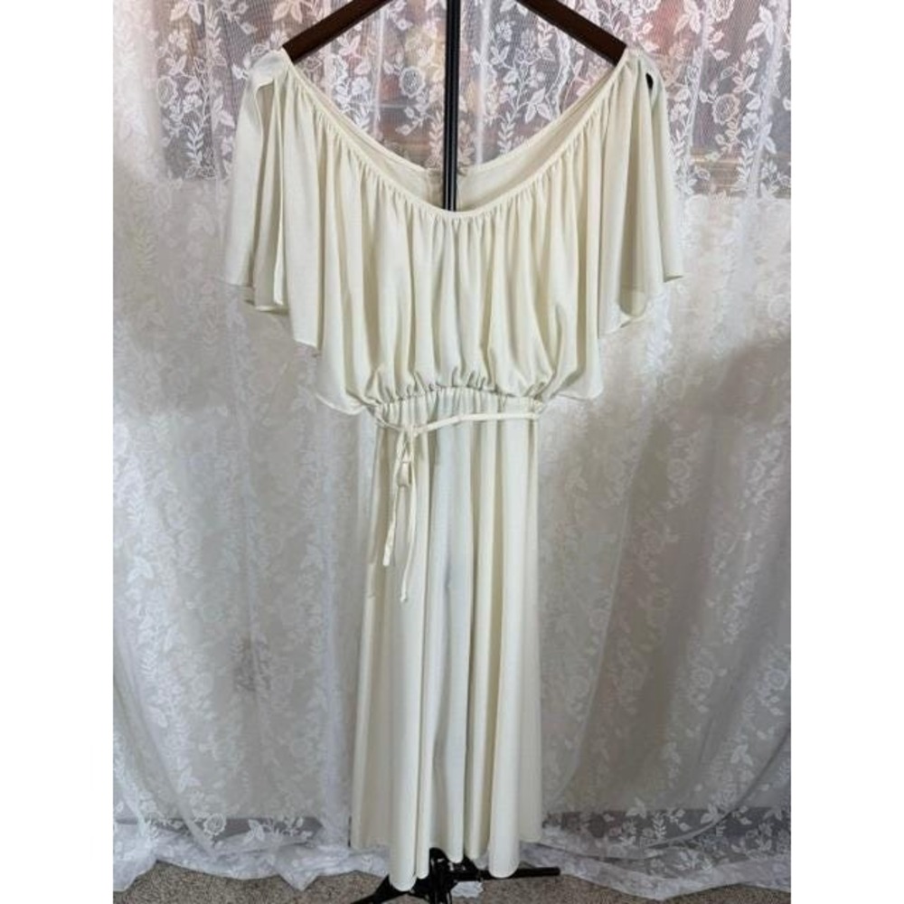 Vintage 1970's Cream Off Shoulder Flutter Sleeve Maxi Dress Belted Grecian Style